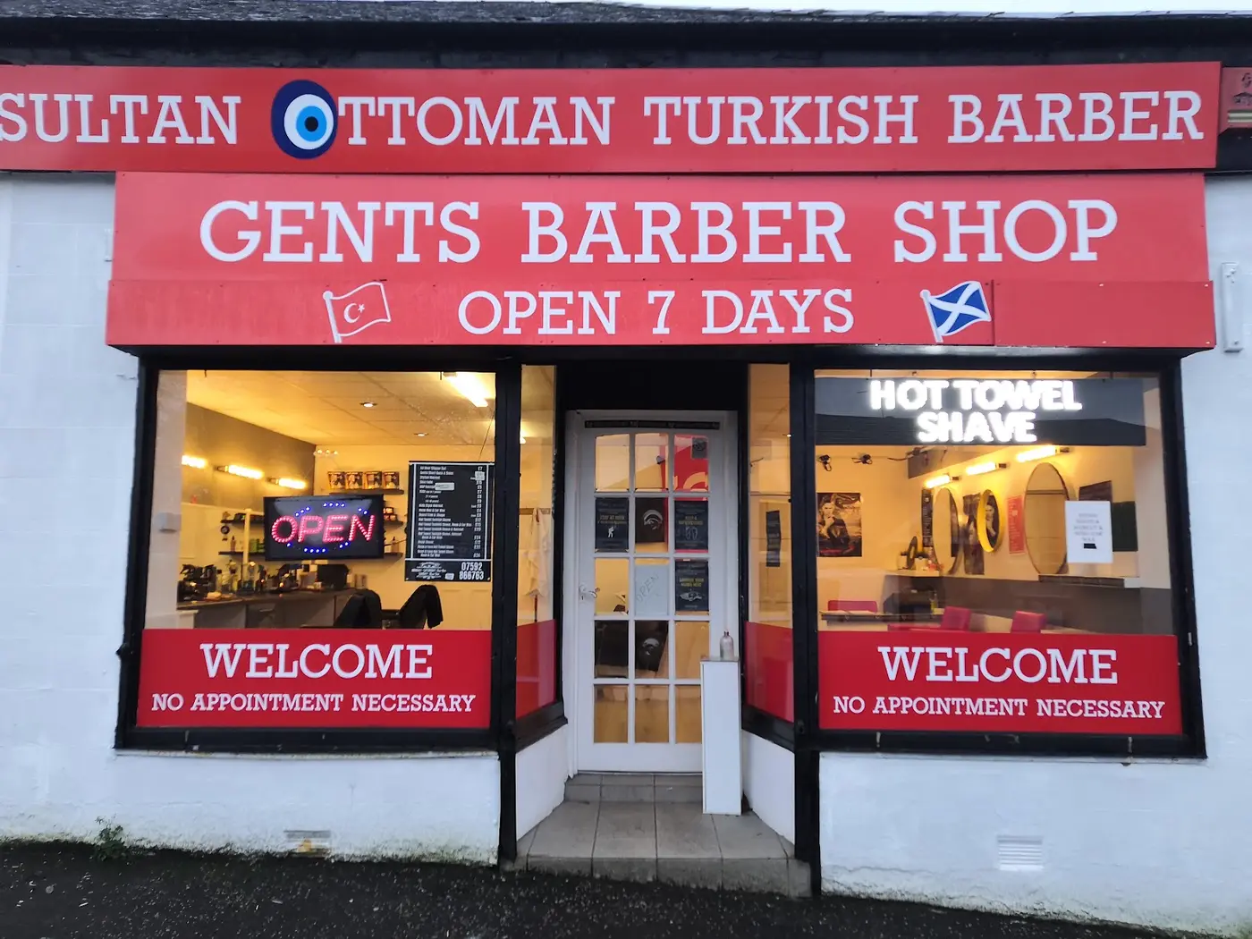 Sultan Ottoman Turkish Barber shopfront on Calderwood Road, Rutherglen